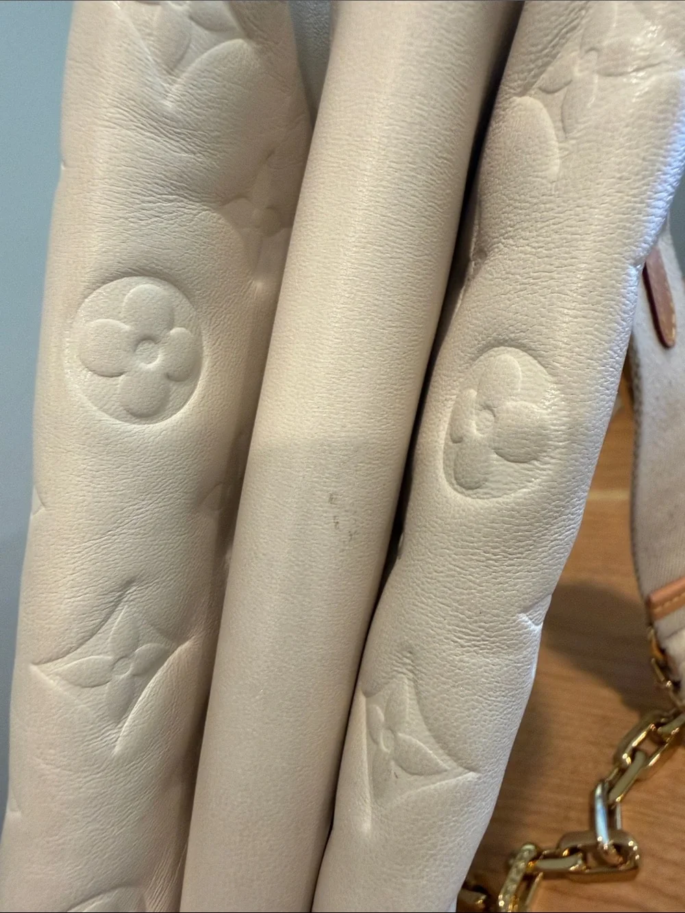 Pre-Loved Louis Vuitton Lambskin Embossed Monogram Coussin PM in Beige/Cream
